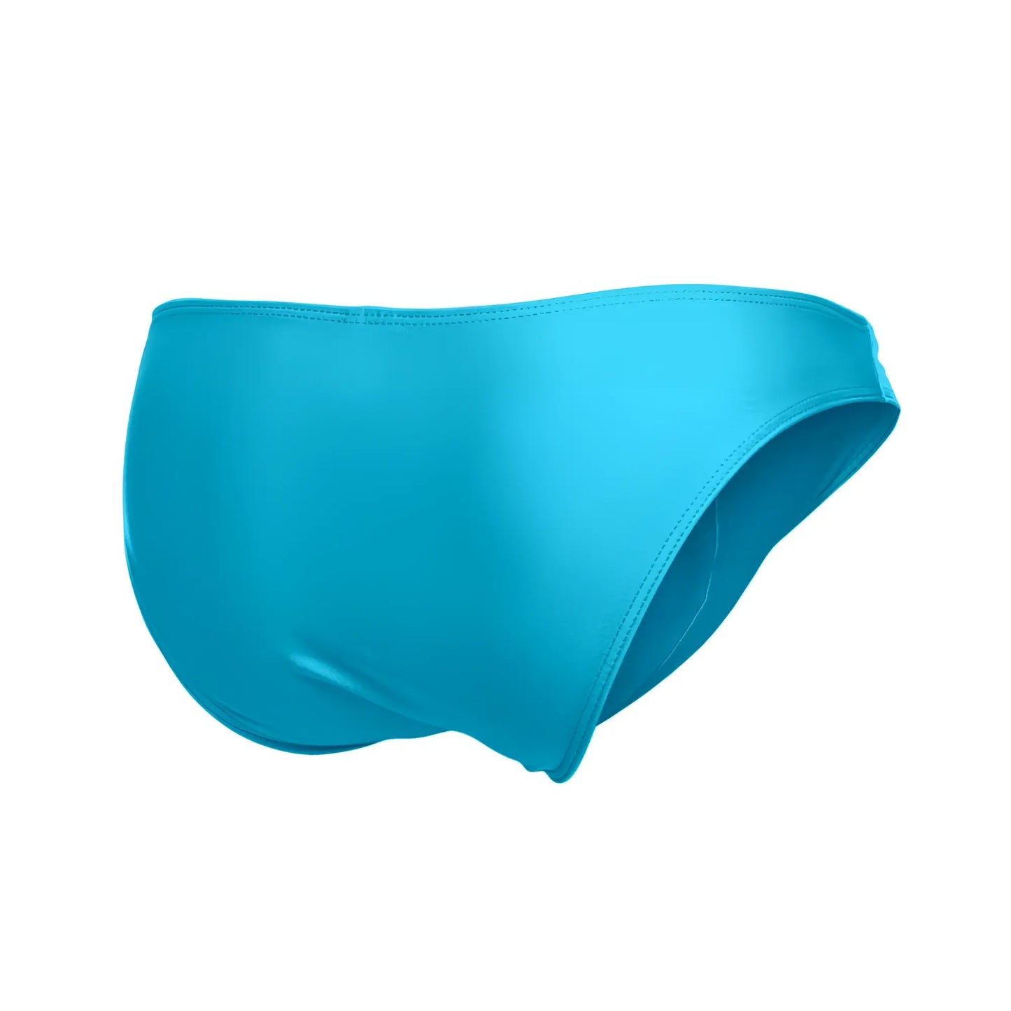 Justin Simon XSJ01 classic bikini swim trunks in solid turquoise with a smooth satin finish and clean edge stitching