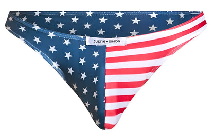 Blue and red american flag-patterned thong by justin simon in classic bikini style for patriotic swimwear looks