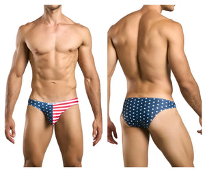 Back view of justin simon xsj01 classic bikini swim trunks with blue red usa flag pattern and white stars