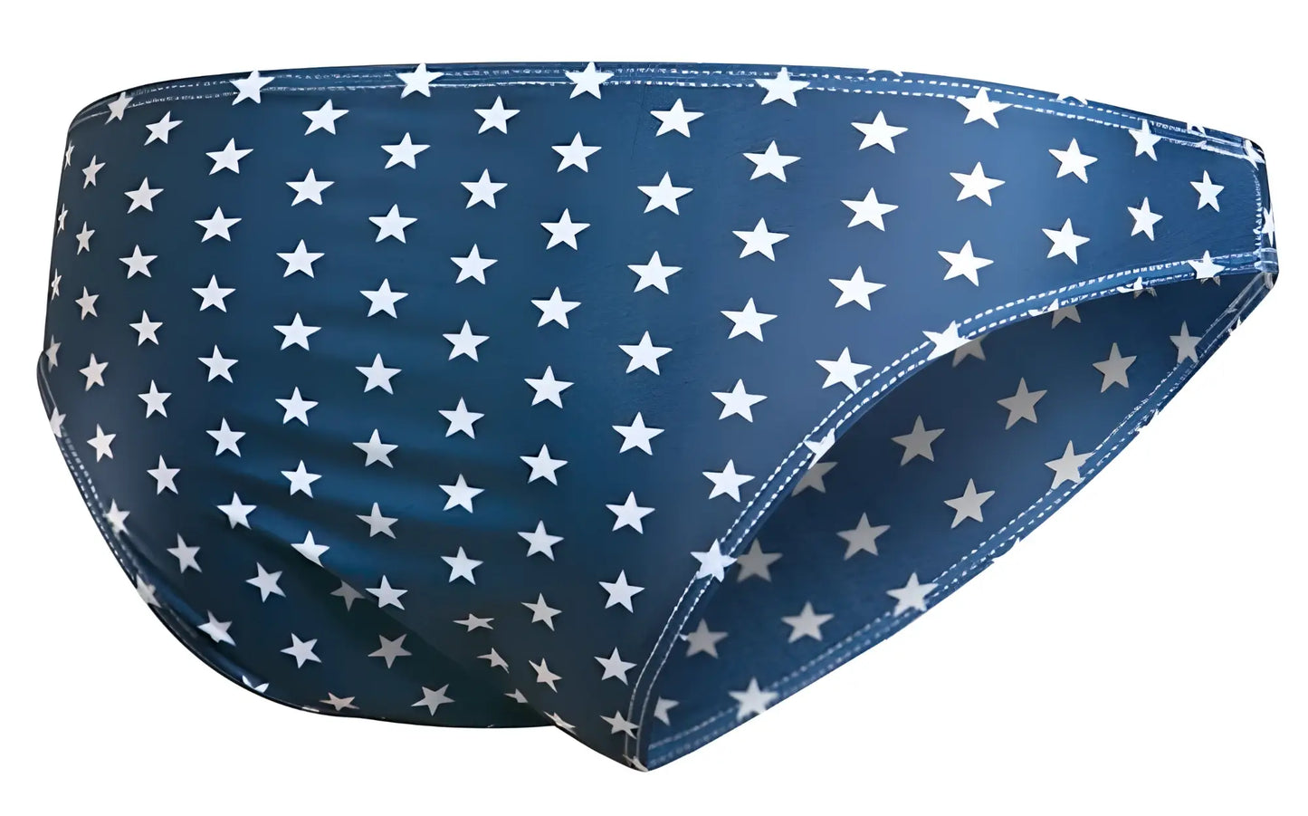 Blue swim trunks by JUSTIN+SIMON with white star pattern in classic bikini style USA flag design