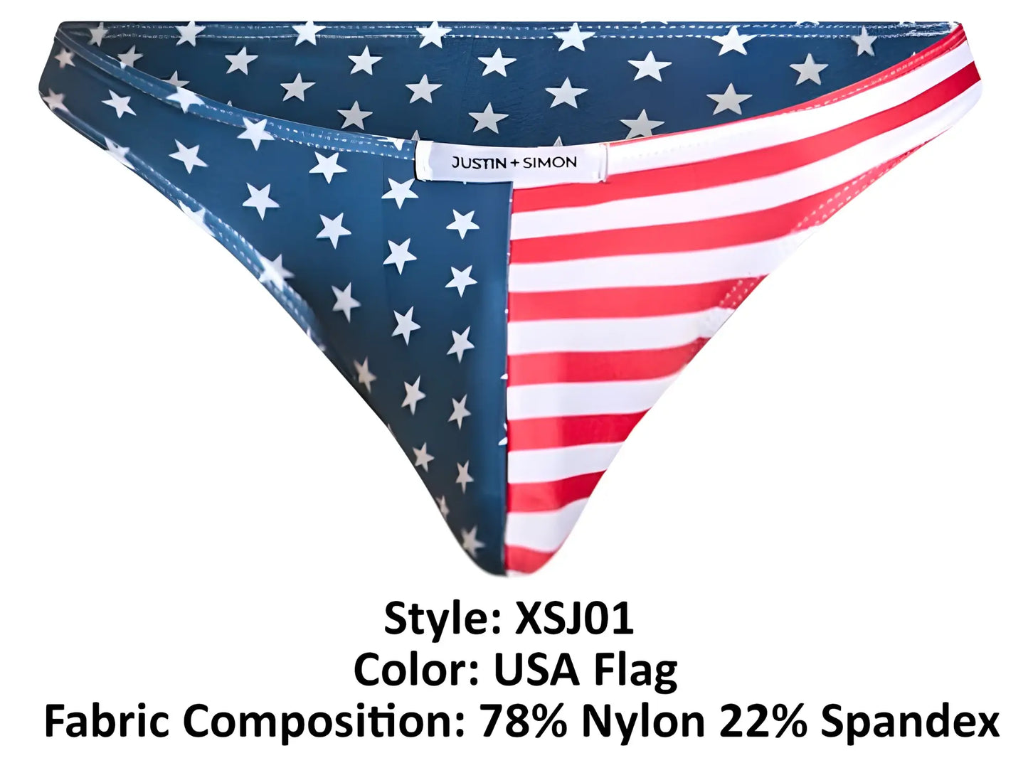 Justin + simon xsj01 classic bikini usa flag bottom with navy blue stars and red white stripes made of nylon spandex
