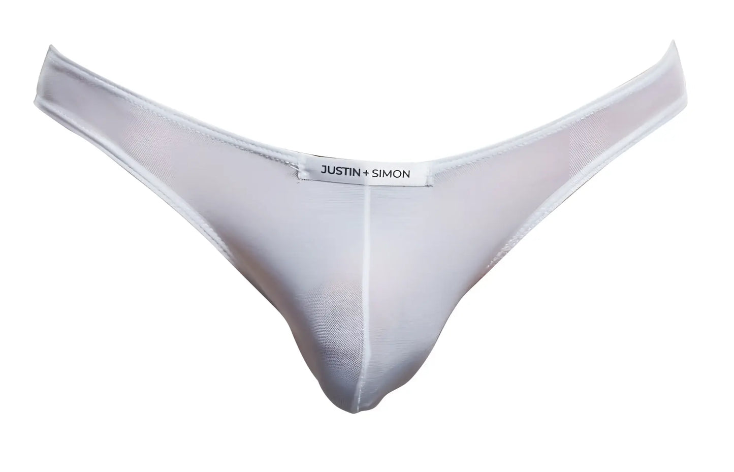 White sheer mesh thong by justin and simon classic bikini style in white mesh material showing the front side