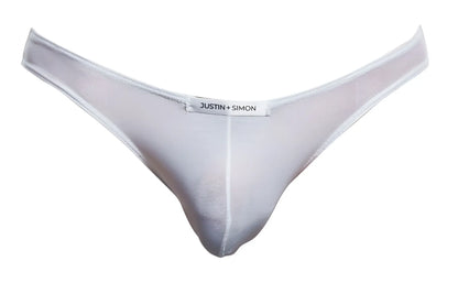 White sheer mesh thong by justin and simon classic bikini style in white mesh material showing the front side