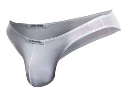 Silver mesh thong by justin simon in white mesh classic bikini style showing front side design