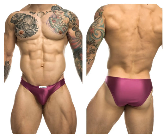 Purple satin classic bikini briefs in wine color with a small white justin simon brand tag at the waistband