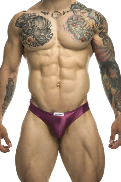 Purple satin classic bikini briefs with white waistband label in wine color by justin simon xsj01 model