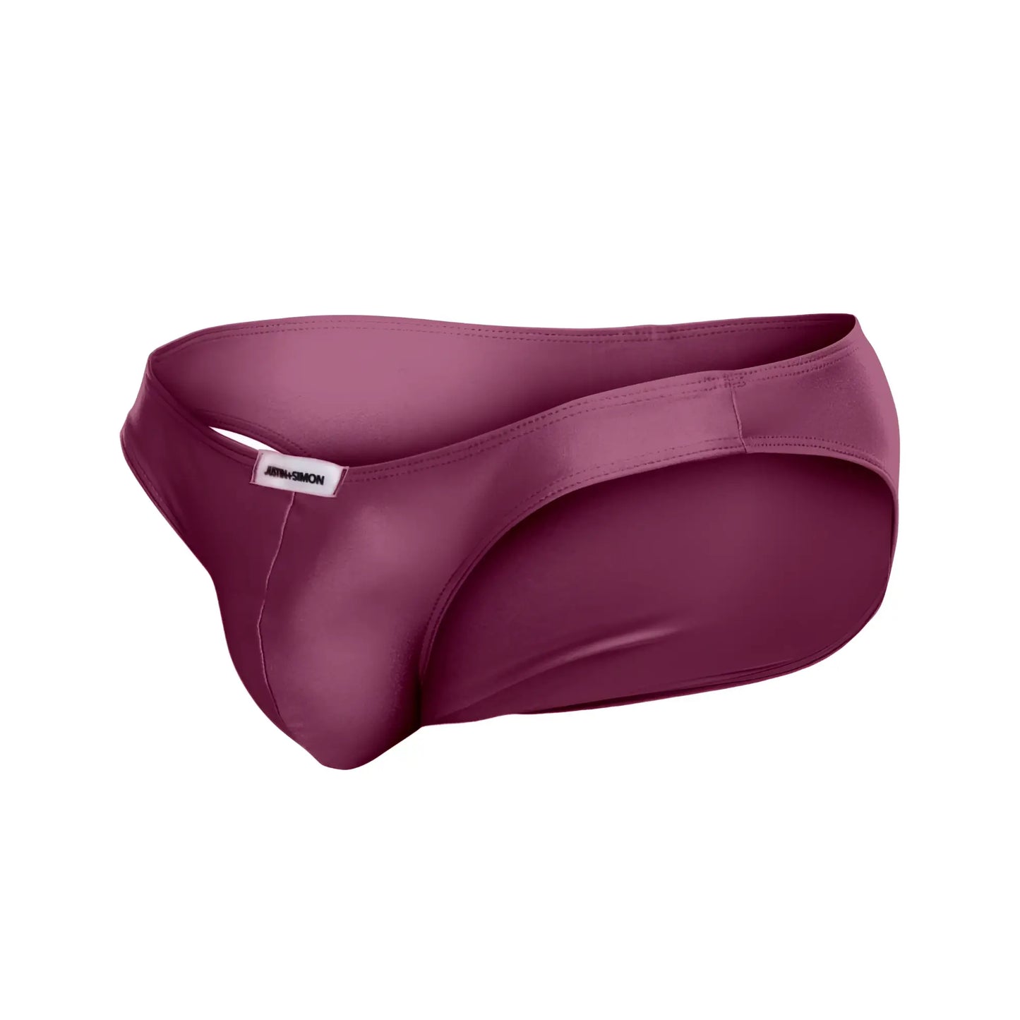 A sleek satin-like maroon justin simon xsj01 classic bikini with a smooth glossy finish and minimalistic design
