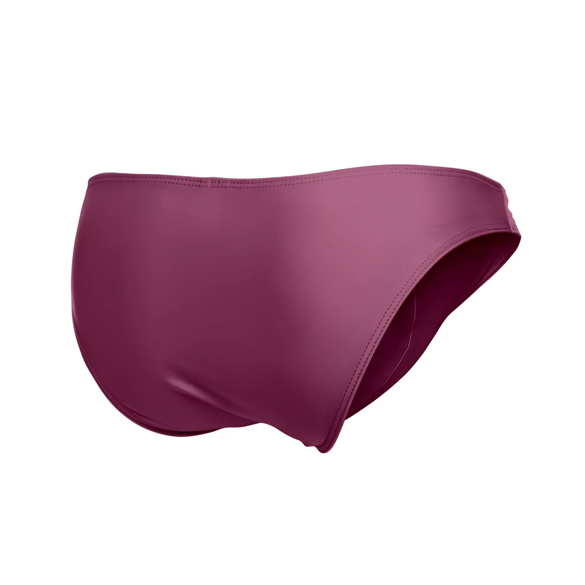 Justin plus Simon XSJ01 classic bikini swim brief in solid burgundy with satin finish and clean edge stitching