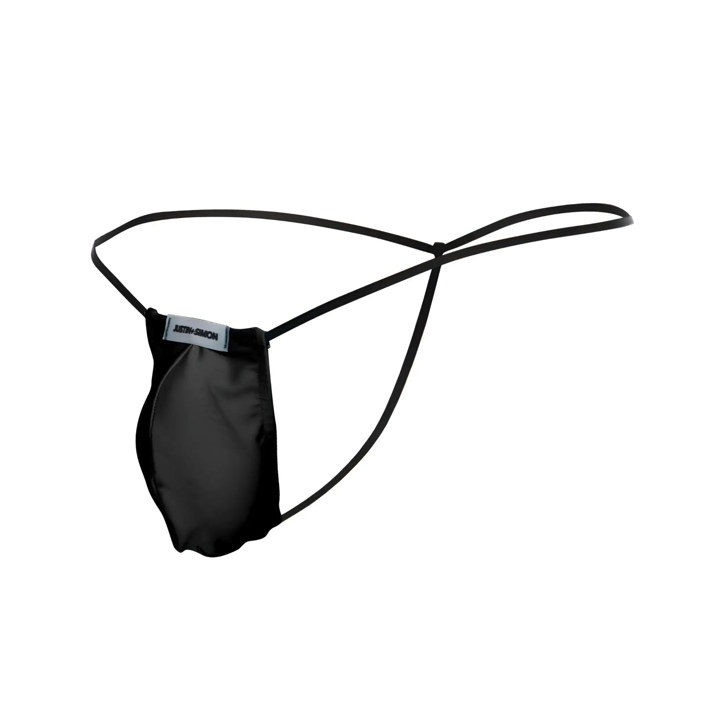 Black satin thong with thin elastic straps and branded label from justin simon xsj02 classic g-string bulge in black
