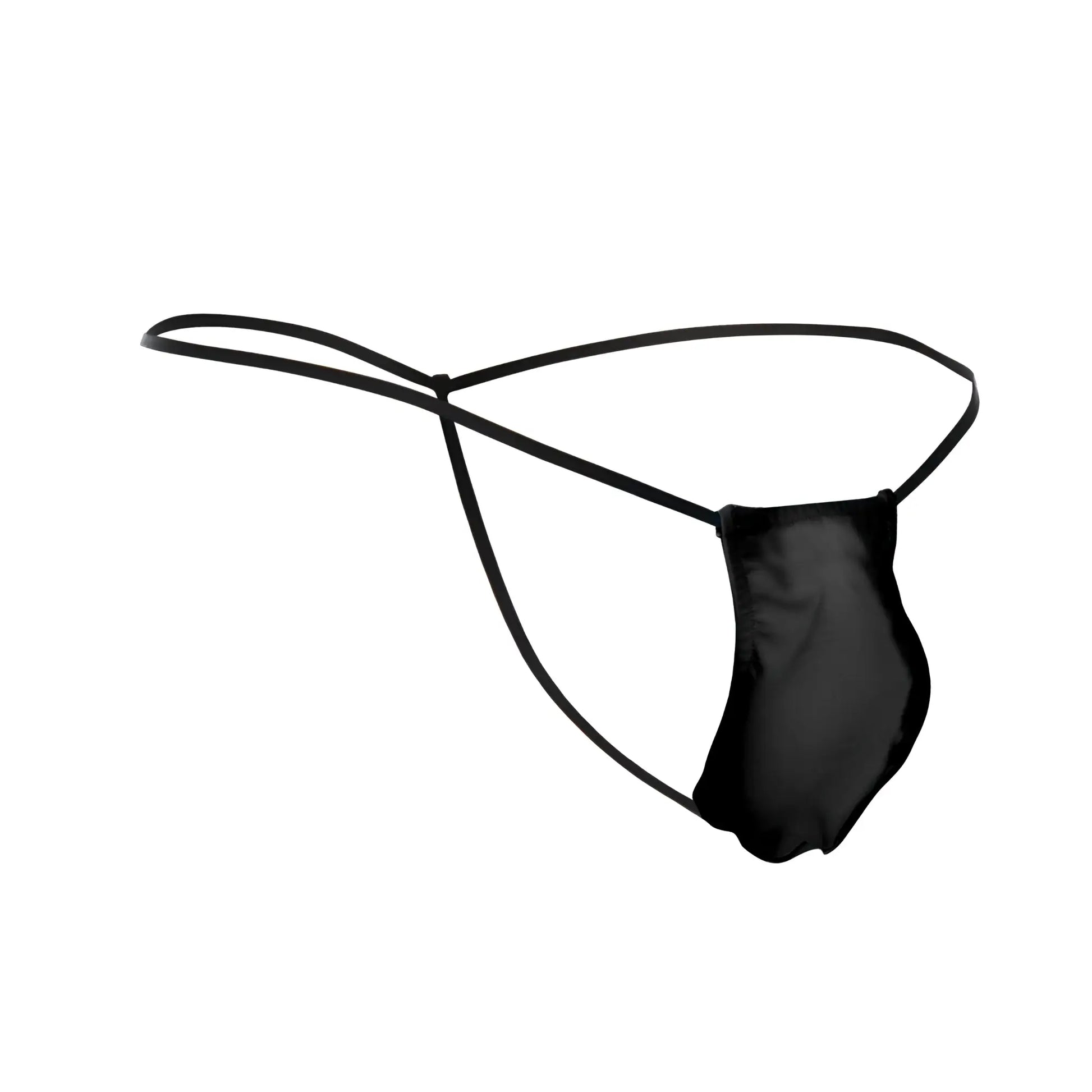 Black satin thong with thin sleek straps classic g-string bulge in black by justin simon shown from the back side