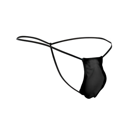 Black satin thong with thin sleek straps classic g-string bulge in black by justin simon shown from the back side