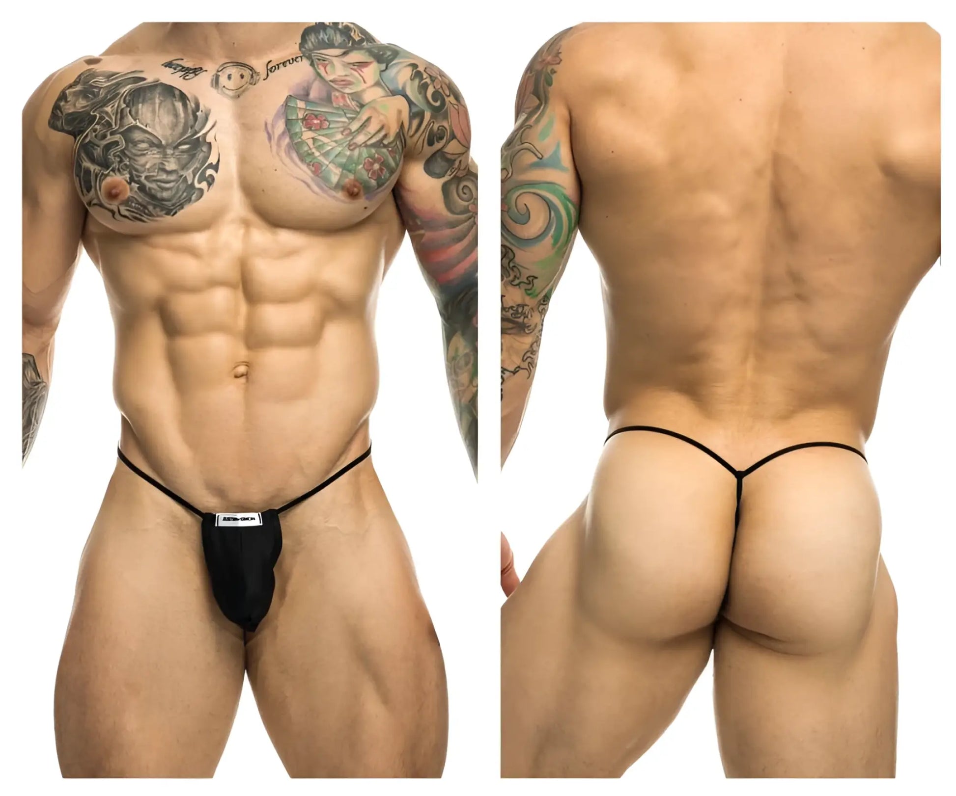 Black justin simon xsj02 classic g-string with thin elastic straps and a small white label at the front