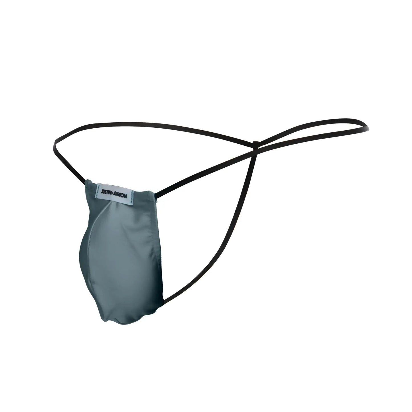 A sleek dark gray fabric thong with black elastic straps and a metal green branded label by justin simon
