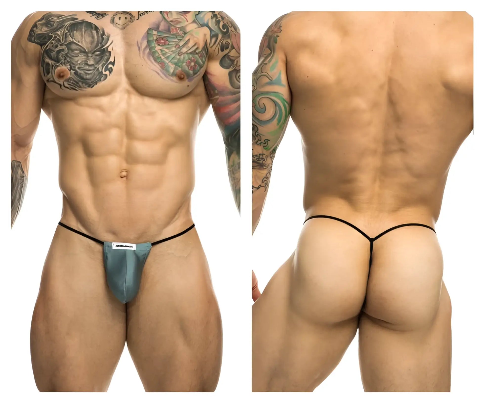 Teal and black Justin Simon XSJ02 classic G-string briefs with bulge pouch in minimalist metal green design