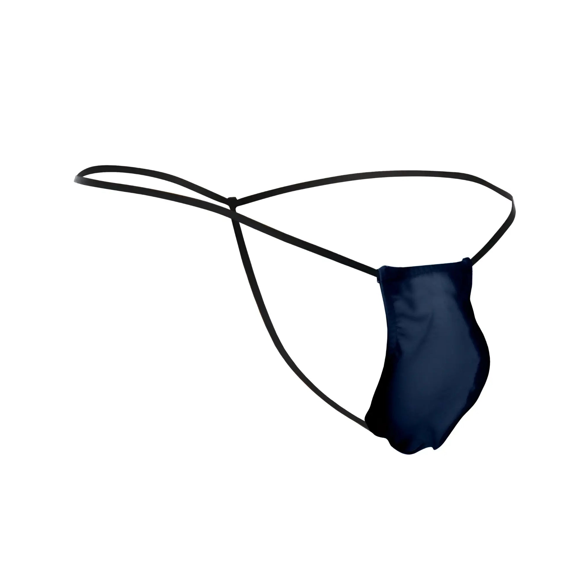 Black thong g-string in navy satin with thin elastic straps showing the back side from justin simon xsj02 classic