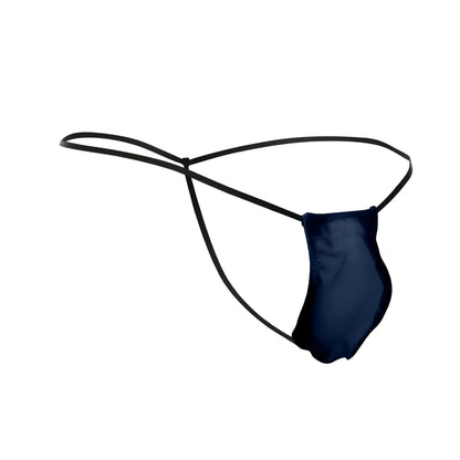 Black thong g-string in navy satin with thin elastic straps showing the back side from justin simon xsj02 classic
