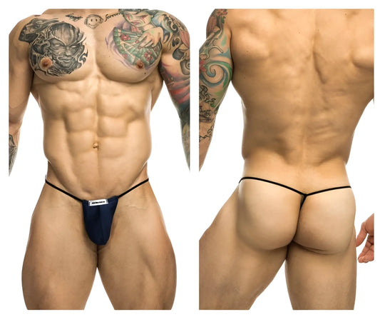 Navy blue justin simon xsj02 classic g-string bulge with black elastic waistband and white brand label front view