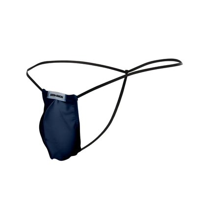 Navy blue satin thong with black elastic straps and Justin+Simon branded label classic G-string bulge style