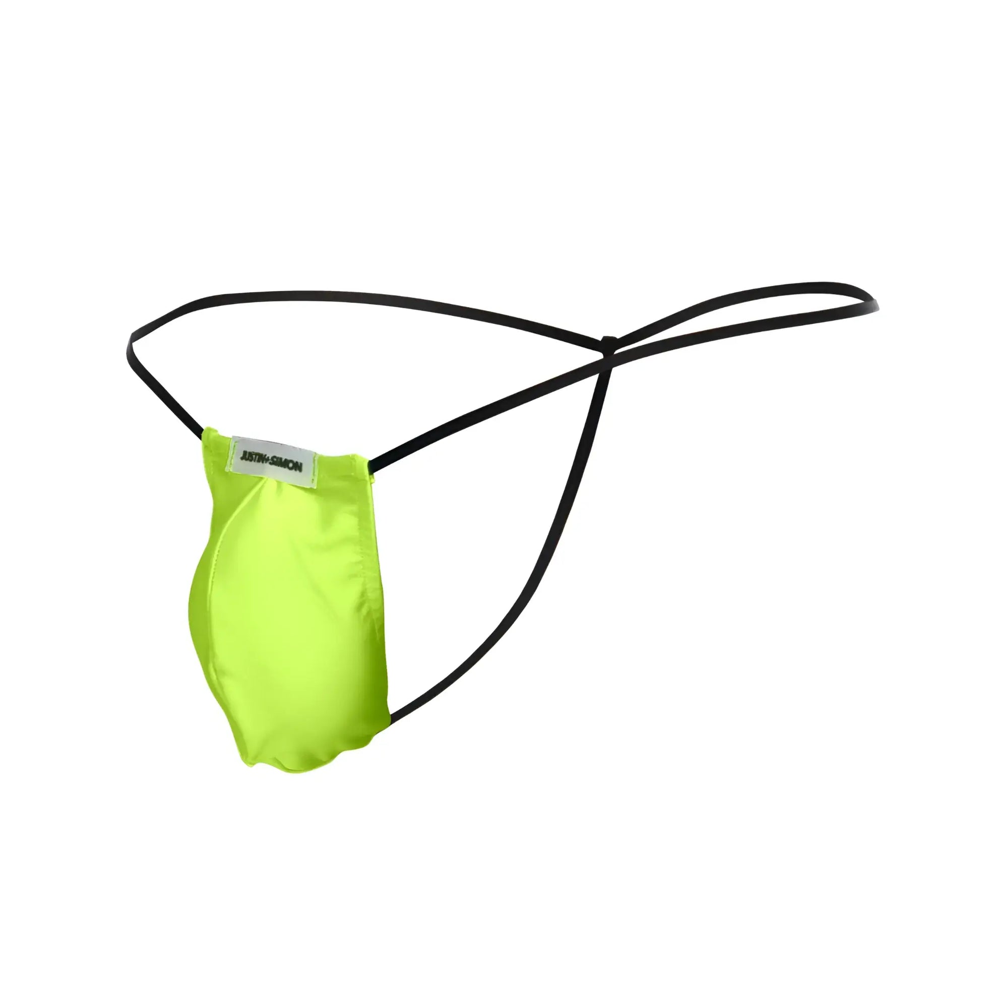 Bright neon green satin thong with black elastic straps and a white label from Justin Simon classic g-string range