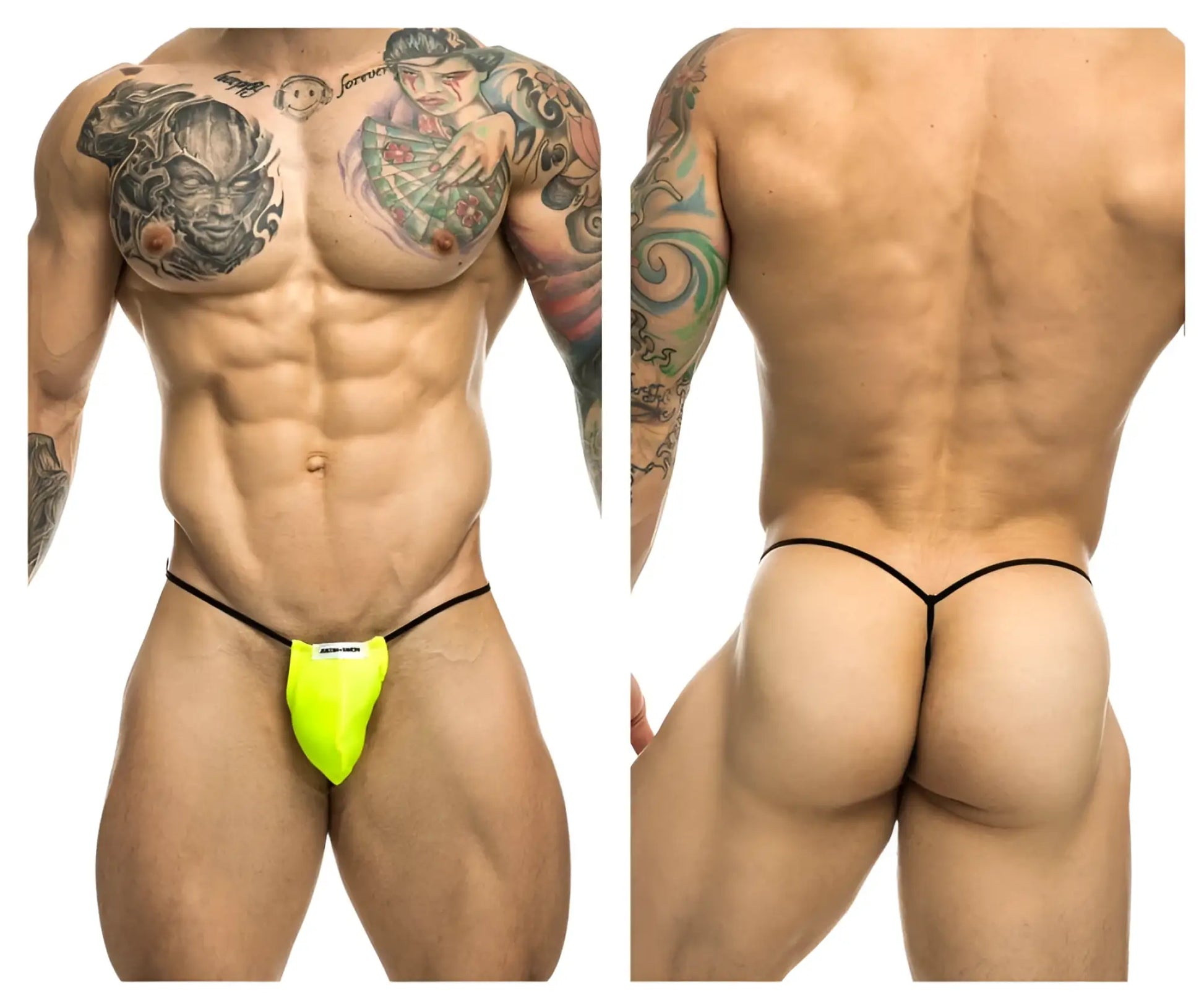 Neon yellow classic g-string with black elastic straps and a white brand tag by justin simon xsj02 model
