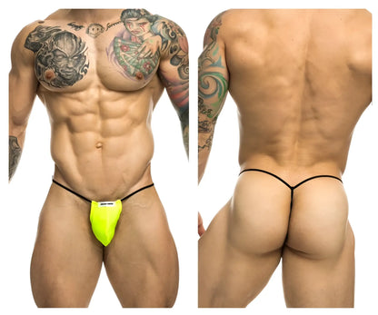 Neon yellow classic g-string with black elastic straps and a white brand tag by justin simon xsj02 model