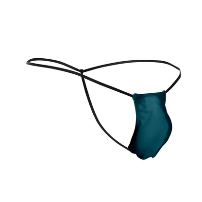 Justin simon xsj02 classic g-string bulge in teal satin with black elastic straps in opal green color
