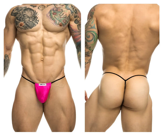 Justin simon xsj02 classic g-string in bright pink with black trim and a small white label at the front