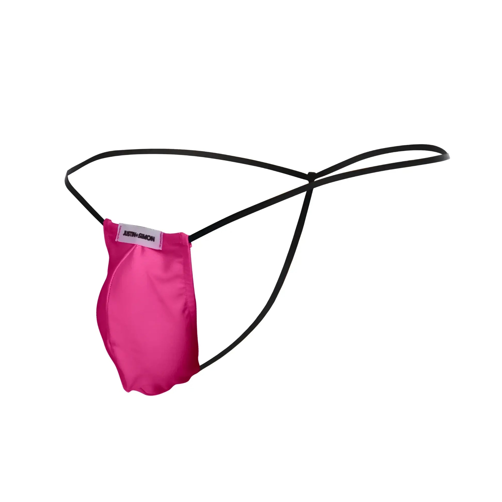 A vibrant pink satin classic g-string bulge with black elastic straps and a white anthony simon label