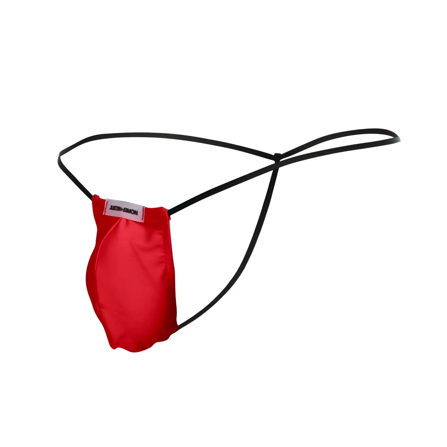Red satin thong with black elastic straps and white label from justin simon xsj02 classic g string bulge in red