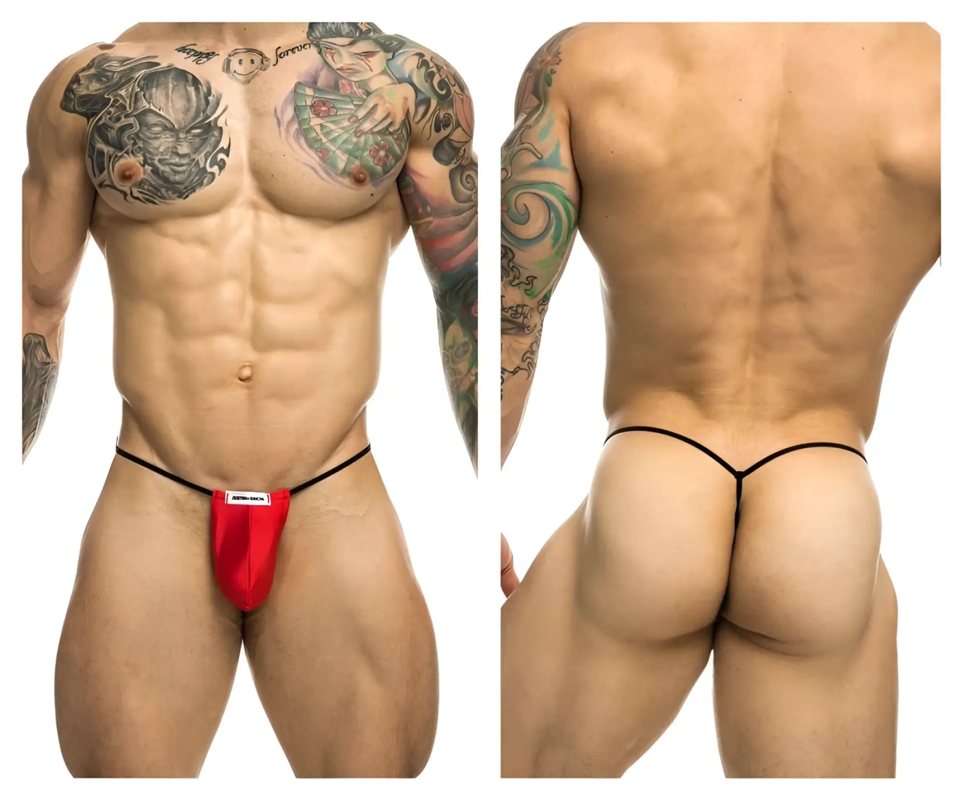 Justin simon xsj02 classic red g-string with black elastic straps highlighting the front pouch design