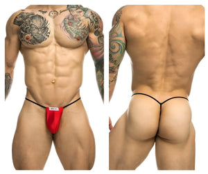 Justin simon xsj02 classic red g-string with black elastic straps highlighting the front pouch design