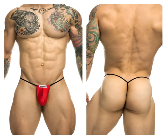 Justin simon xsj02 classic red g-string with black elastic straps highlighting the front pouch design