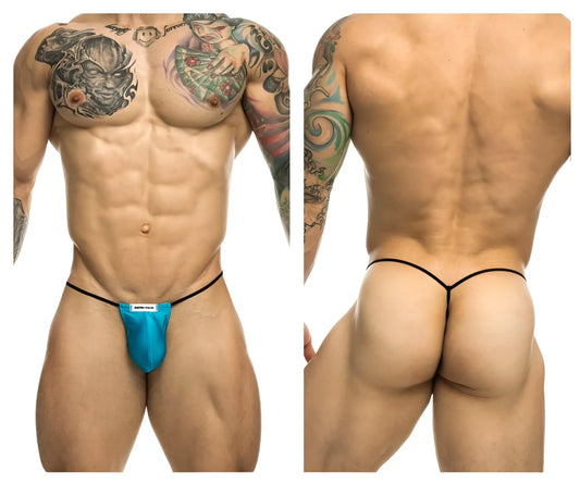Justin+Simon XSJ02 classic g-string bulge in bright blue with thin black strings and a small white front label