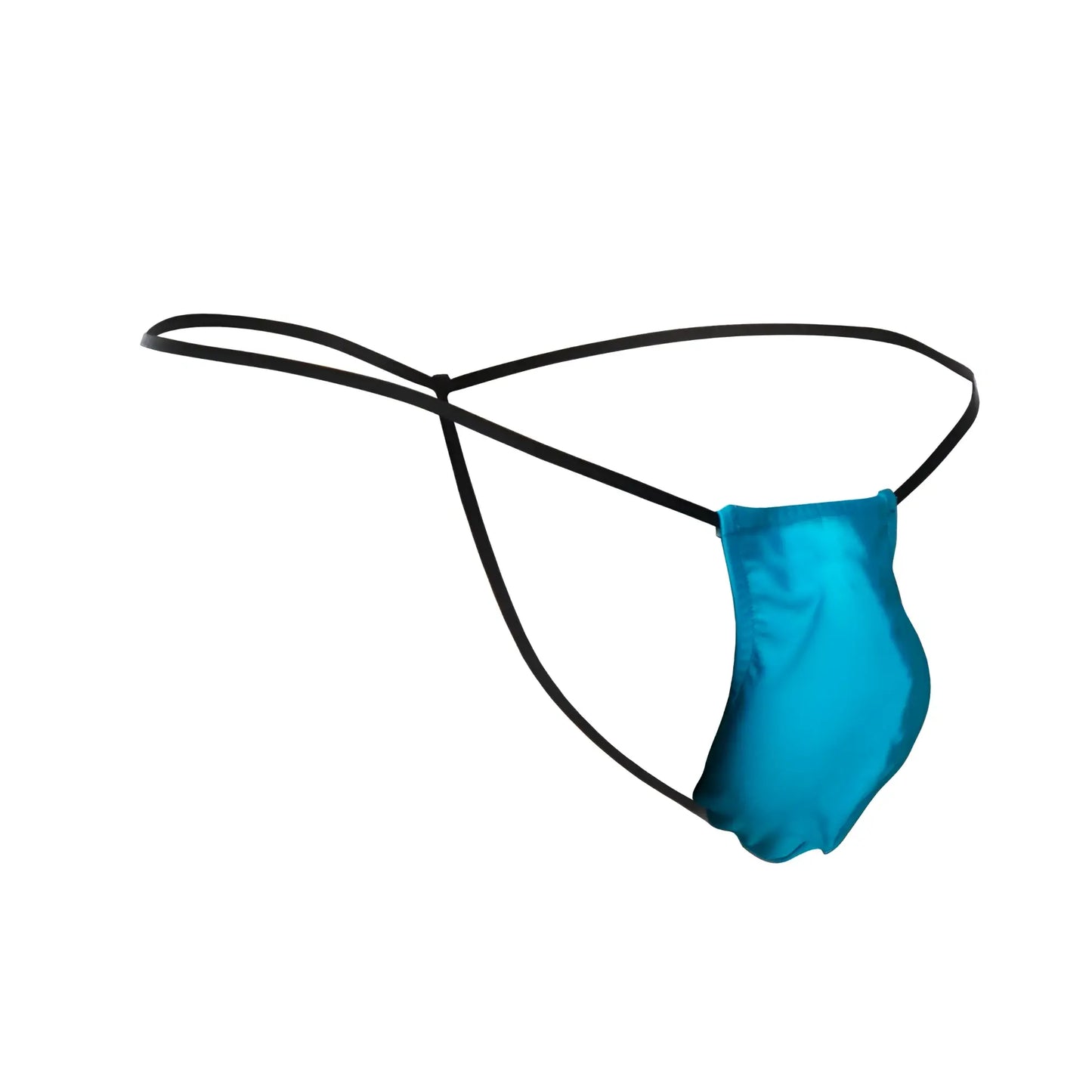 A vibrant turquoise satin thong with sleek black elastic straps from justin plus simon xsj02 classic g-string bulge