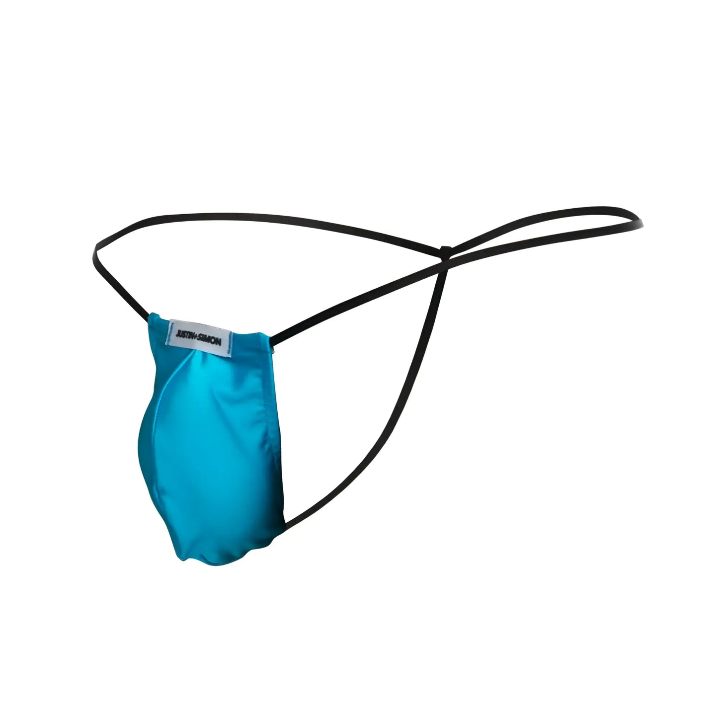Turquoise satin thong with black elastic straps and branded label from justin simon xsj02 classic g-string bulge color turquoise