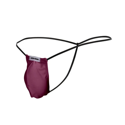 Maroon satin thong with black elastic straps and Justin+Simon branded label in the classic G-string bulge style