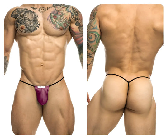Purple satin classic g-string with black elastic trim and white brand tag by justin simon in wine color