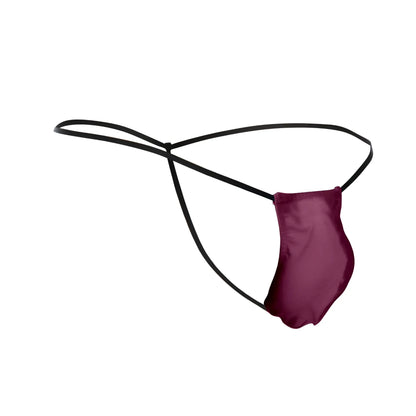 A sleek deep burgundy satin thong with thin black elastic straps from justin simon xsj02 classic g-string bulge wine color