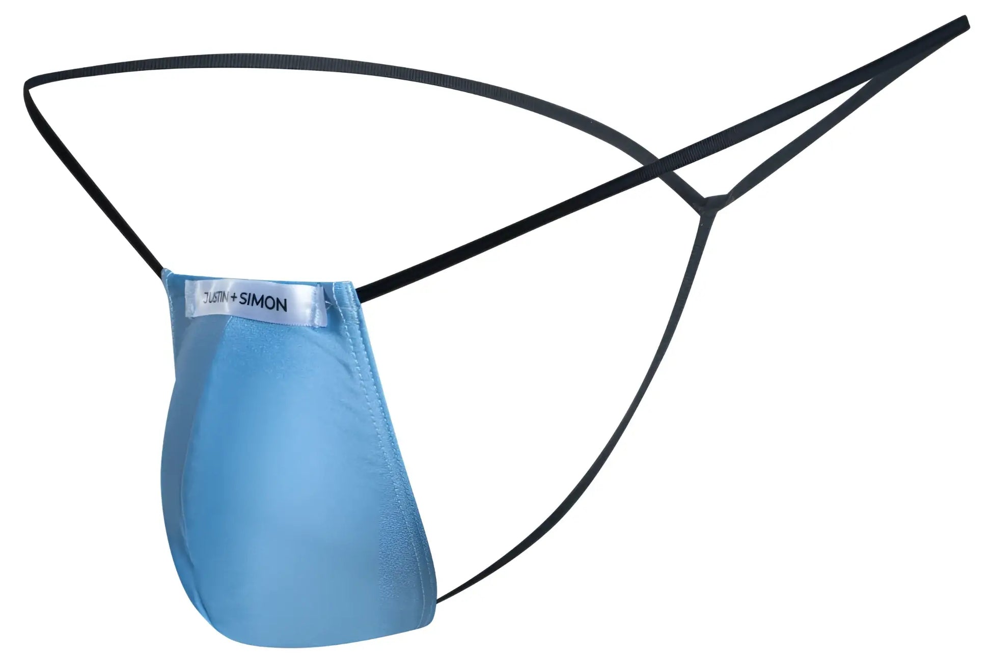 Light blue satin thong with black elastic straps and silver tush + simon label classic g-string justin simon xsj02