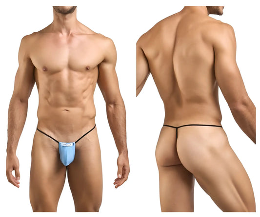 Light blue classic g-string thong by justin simon with thin straps black elastic bands and a small white logo on front