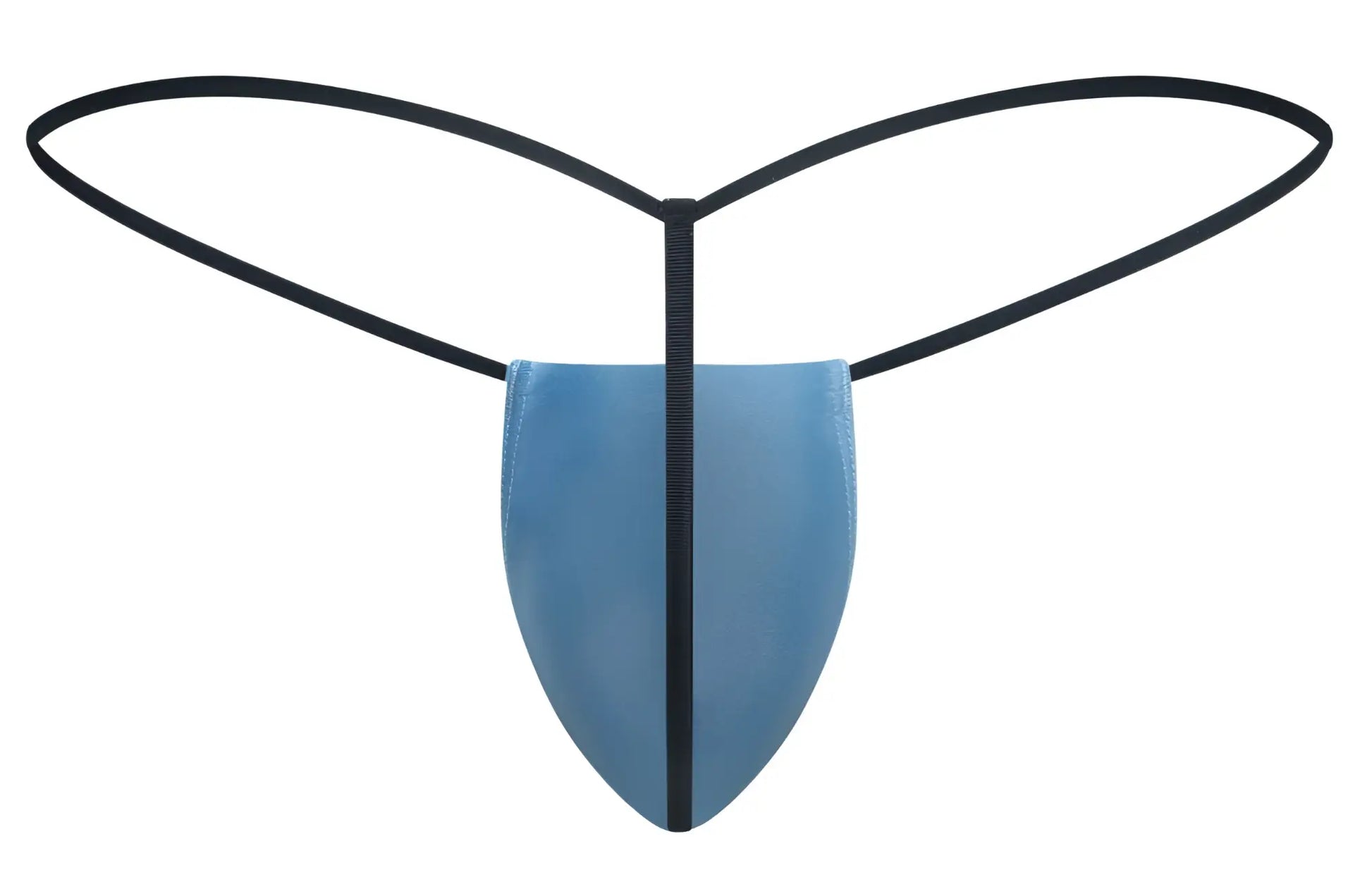 Blue thong g-string with black elastic bands and central seam by JUSTIN SIMON in baby blue color front view