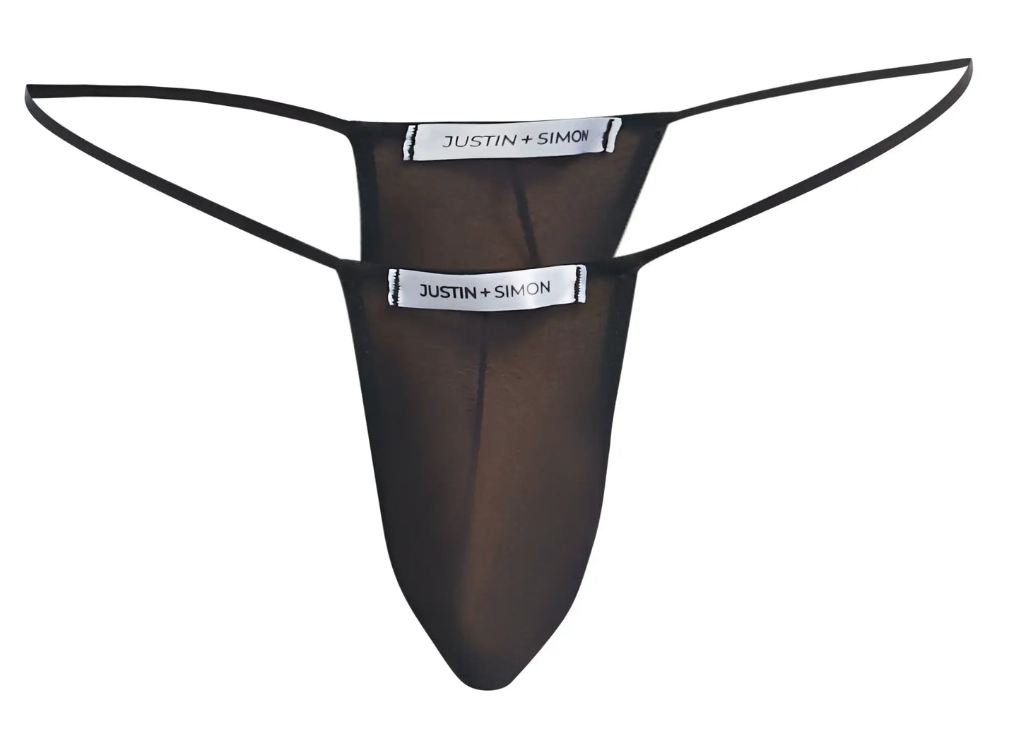 Black sheer mesh thong with thin elastic straps and justin simon branding on white tags from justin simon xsj02 collection
