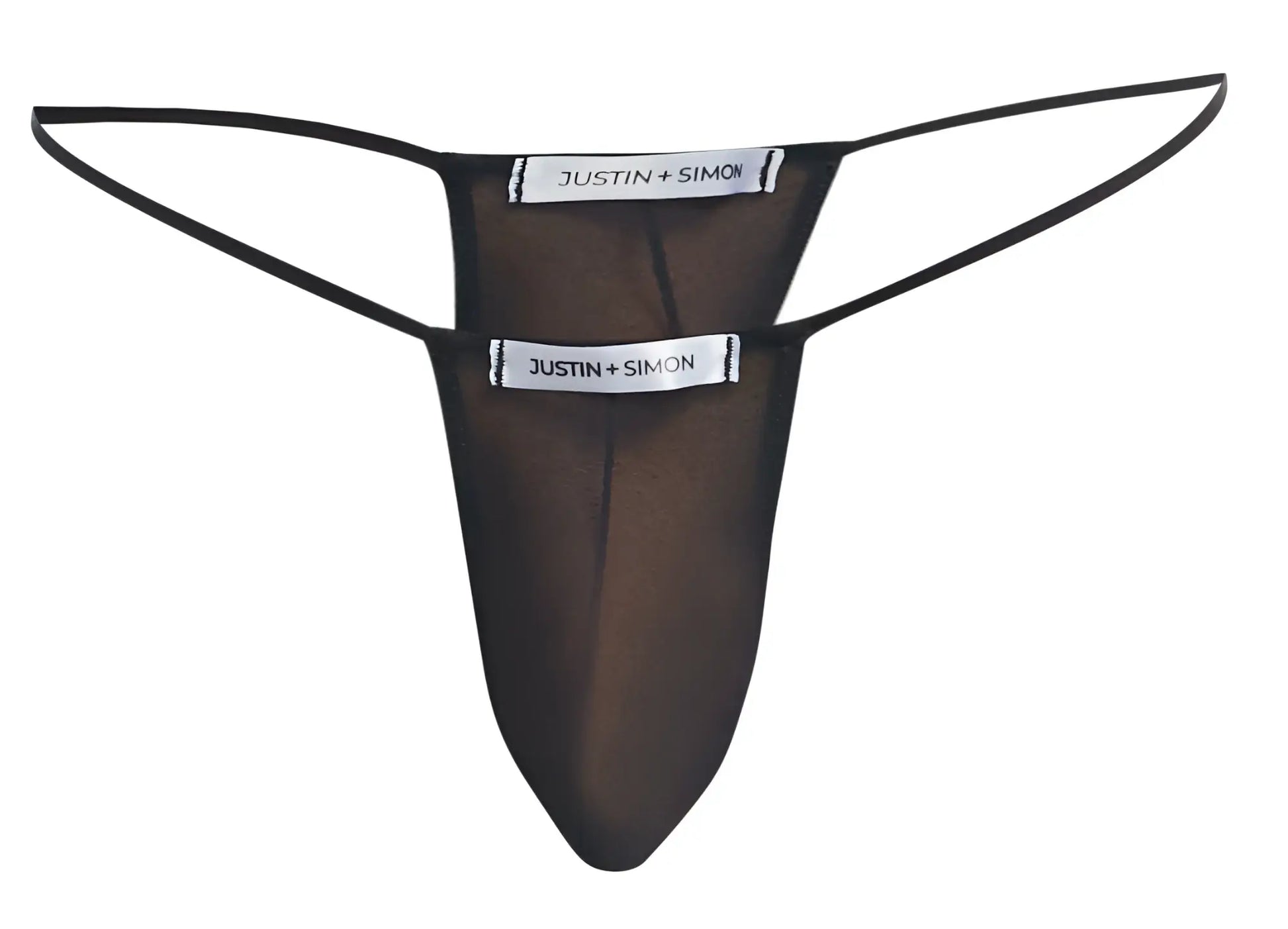 Black sheer mesh thong with thin elastic straps and justin simon branding on white tags from justin simon xsj02 collection