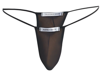 Black sheer mesh thong with thin elastic straps and justin simon branding on white tags from justin simon xsj02 collection