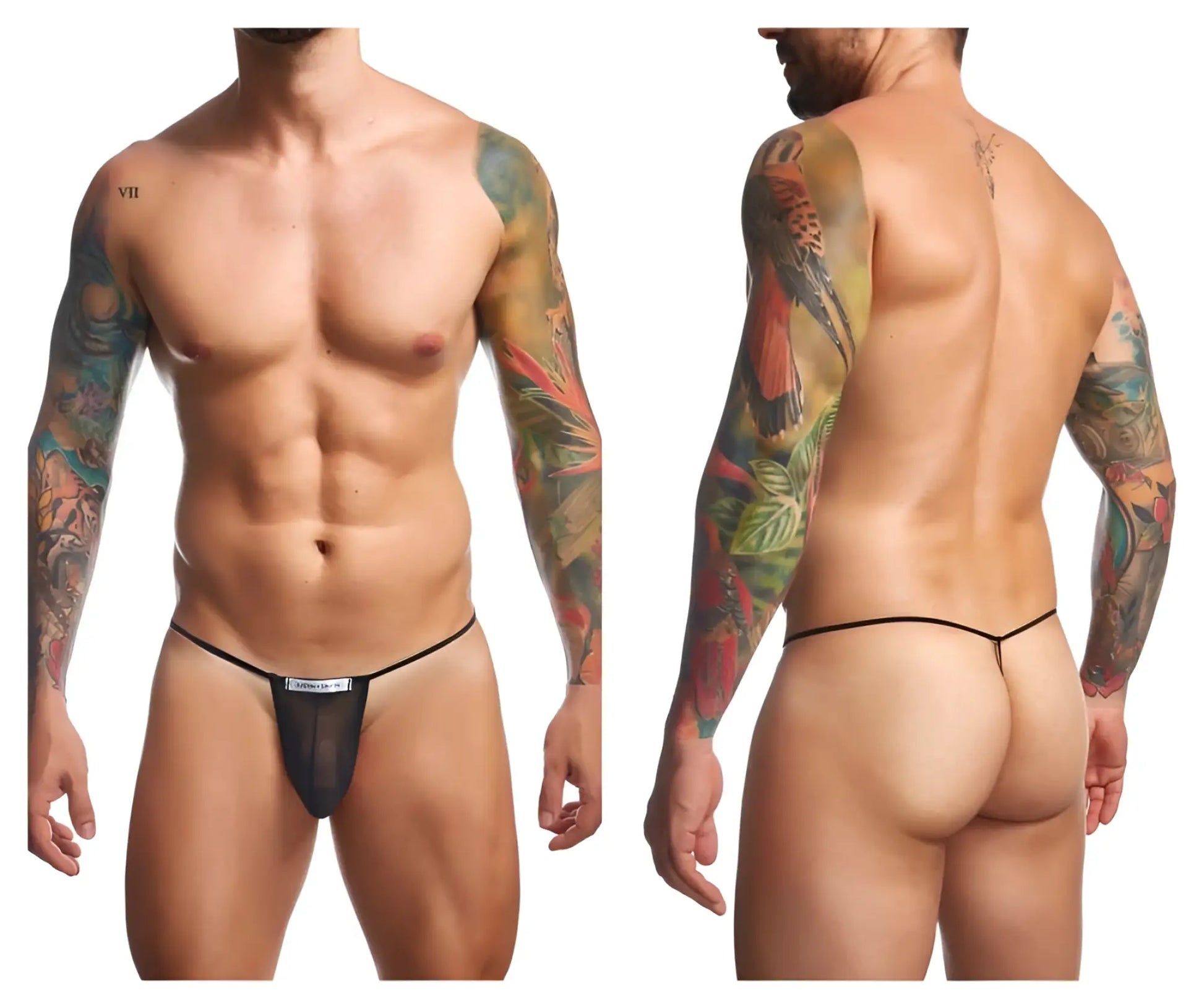 Black mesh thong with thin black elastic waistband and small white label from justin simon xsj02 classic g-string