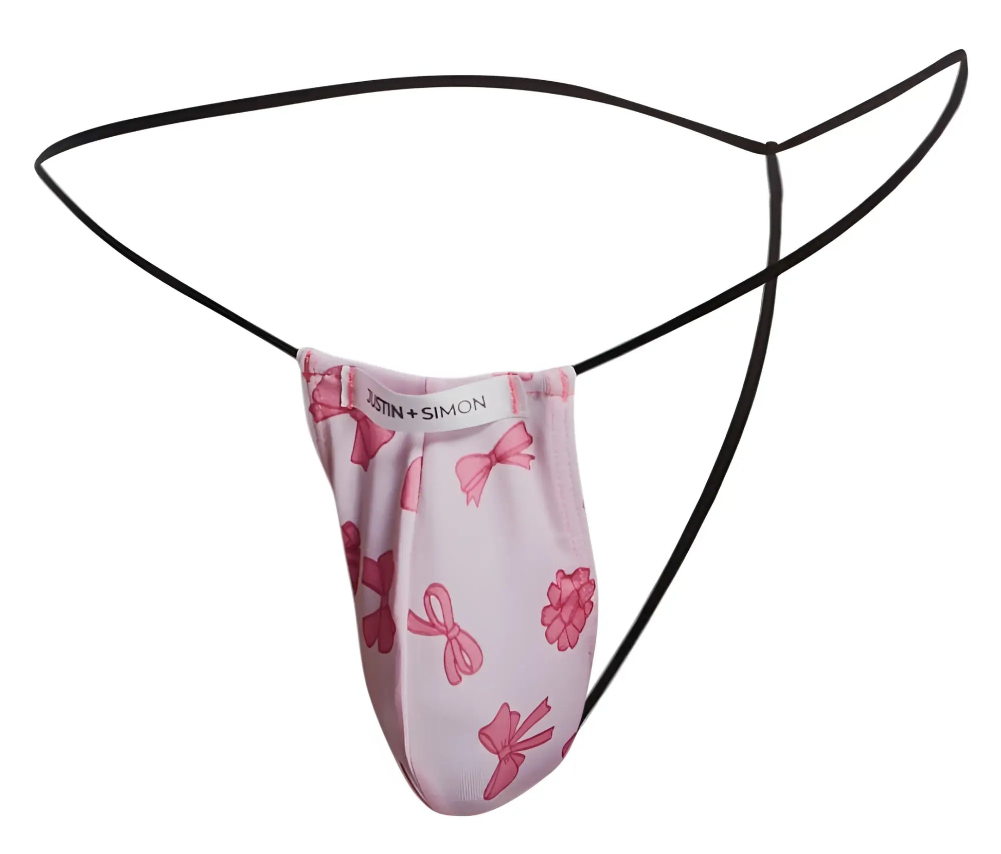 Pink bow-patterned justin simon classic g-string with black elastic straps showing the back side design