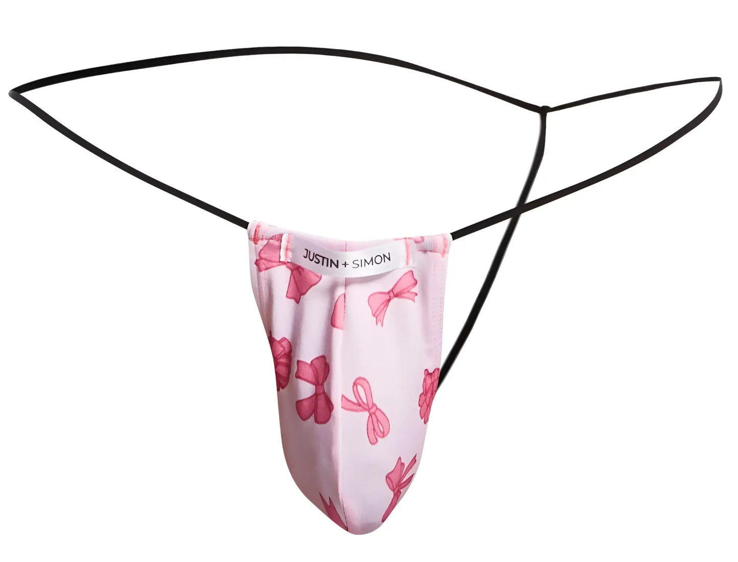 Pink bow-patterned thong with black elastic straps by justin + simon from the classic g-string color coquette line