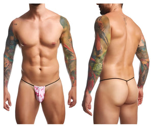 Pink flamingo-patterned classic coquette g-string thong with black elastic waistband by justin+simon shown from back