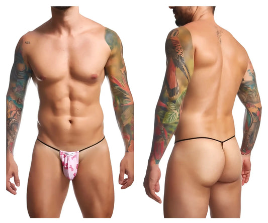 Pink flamingo-patterned classic coquette g-string thong with black elastic waistband by justin+simon shown from back