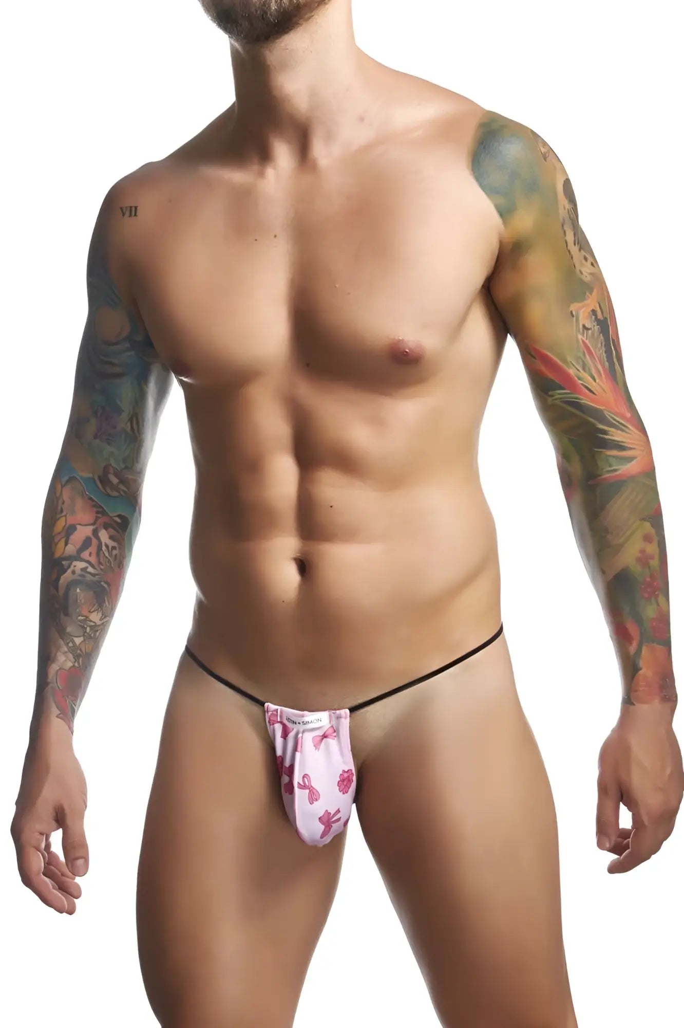 Pink patterned briefs with black waistband from justin simon xsj02 classic g-string color coquette collection